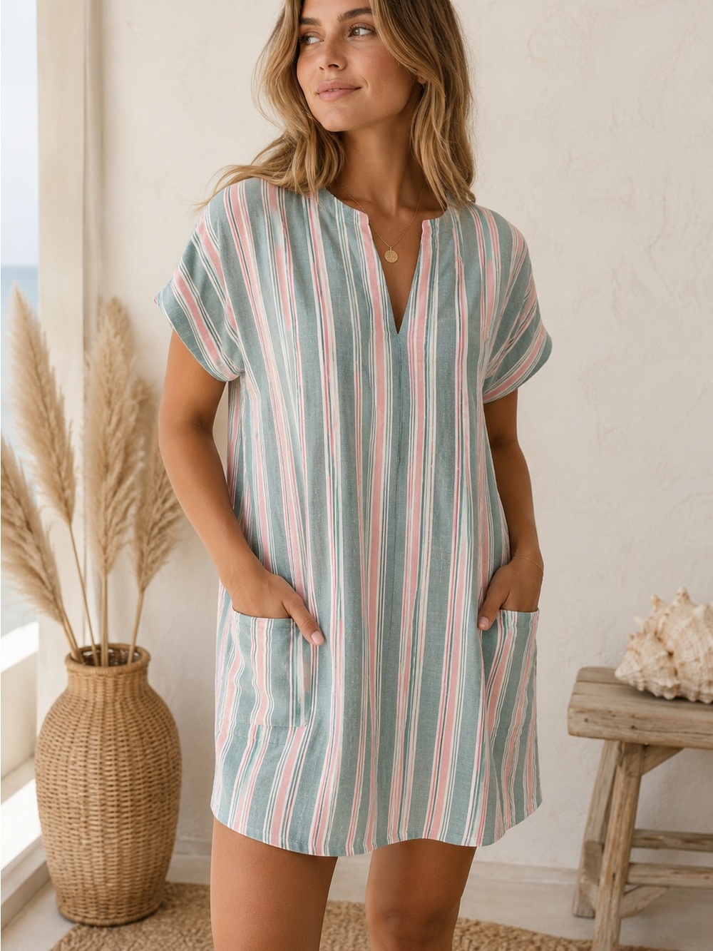 Trovata Birds of Pardis Anthropologie Woman’s Striped V-Neck Cover-Up Dress